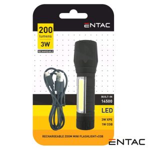Lanterna 1 LED XPE 3W + luz lateral zoom cabo usb ENTAC